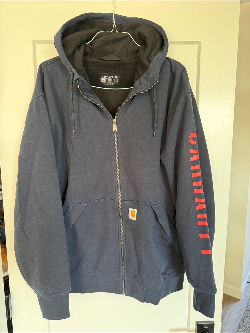 Carhartt Navy Hooded Zip Jacket with Red Sleeve Logo